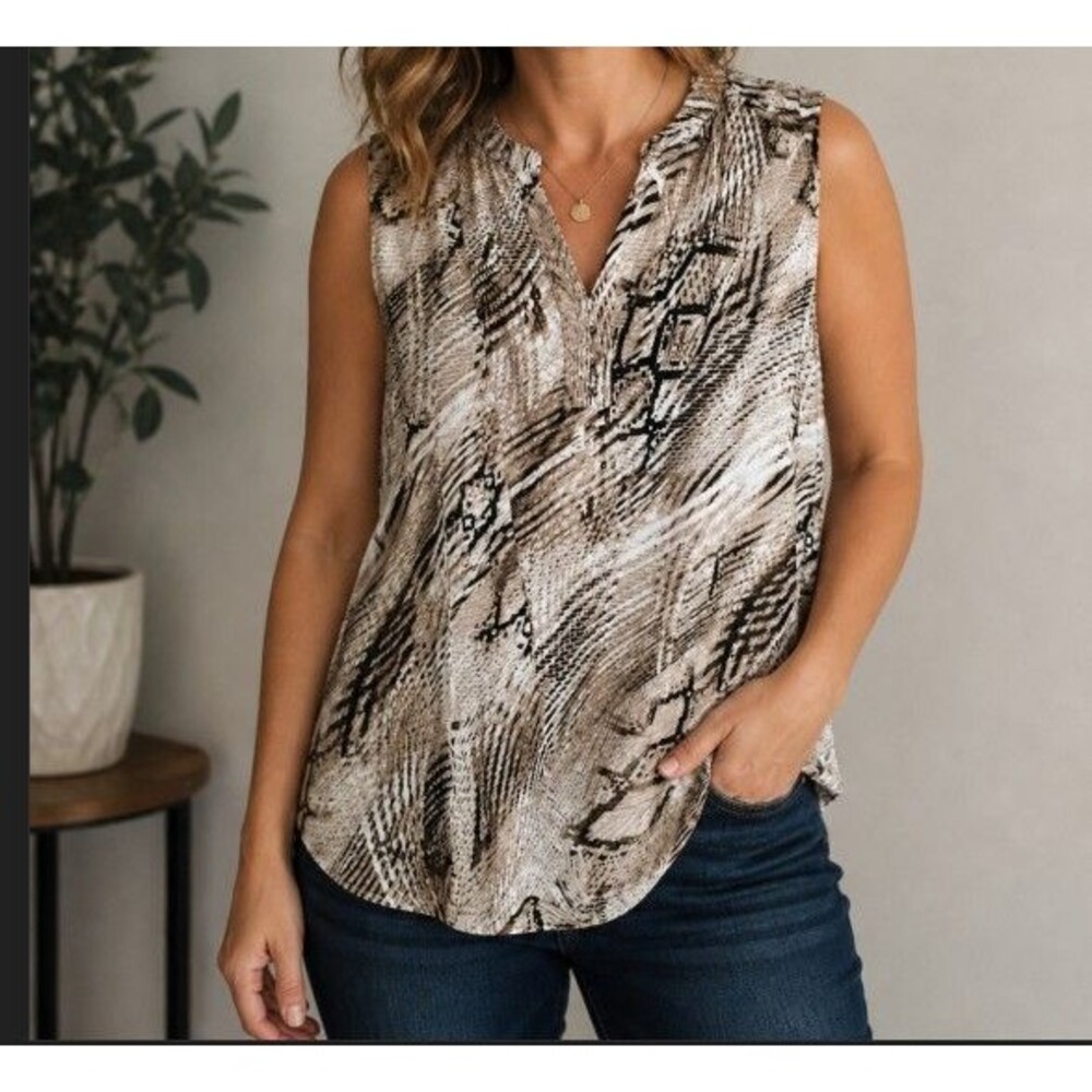 Dana Buchman Womens 2X sleeveless Blouse Brown Snake Print V Neck Tunic Top